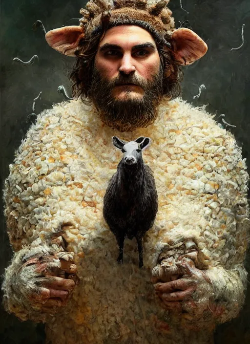 Image similar to a hyper detailed painting of joaquin phoenix surrounded by animals, cow horns, pig nose, sheep wool, chicken feather armor, horror, by anna podedworna, by miklos ligeti, by diego maricato, by taran fiddler, by antonino truisi, by chris reddie, by jinsung lim, trending on artstation