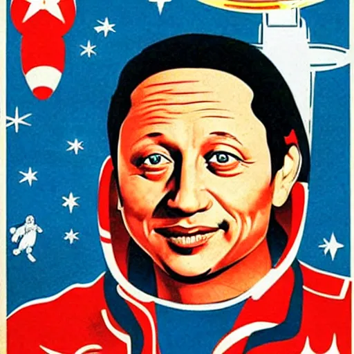 Image similar to rob schneider as cosmonaut on 1 9 6 0 soviet propaganda poster. beautiful. high detailed. intricate. illustration. propaganda. ussr