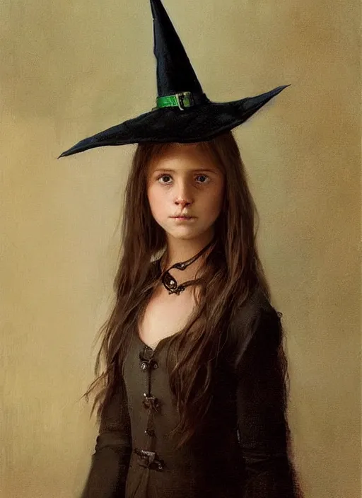 Image similar to a portrait of a thirteen year old girl with brown hair and a stern expression. she is wearing a green dress and a black pointed witch hat. beautiful painting with highly detailed face by greg rutkowski and raymond swanland