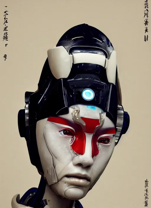 Image similar to close up portrait of a futuristic geisha cyborg, in the style of ghost in the shell, kintsugi, modern fine art, fractal, intricate, elegant, highly detailed, digital photography, subsurface scattering, by erwin olaf and greg rutkowski,