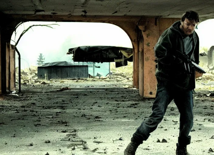 Prompt: scene from a 2010 post-apocalypse film