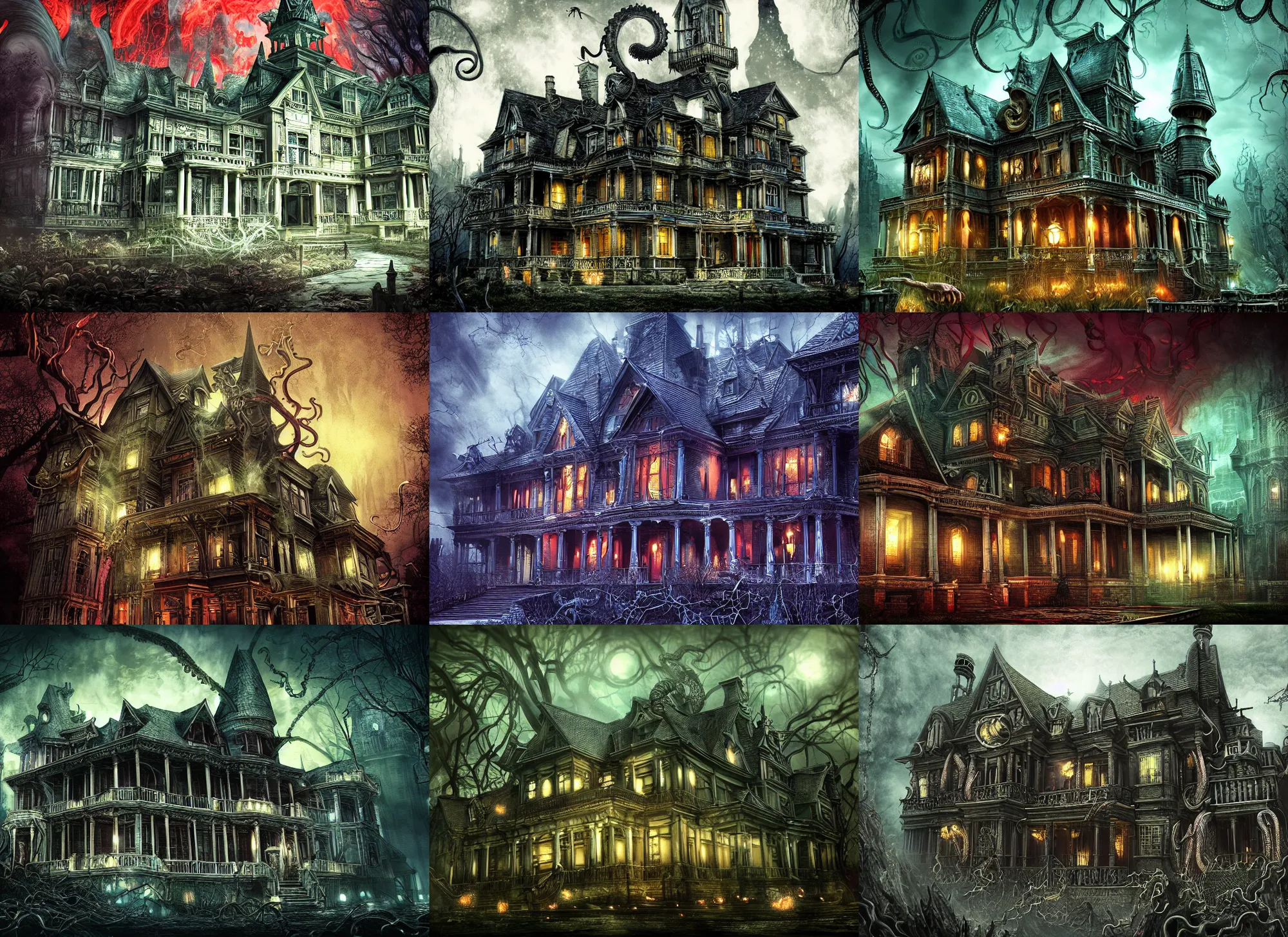 Prompt: old mansion as evil creature in style of mansion o madness wallpaper, arkham horror, tentacles, evil fluid, dramatic, heroic, fear, insane, terrific, insane, lovecraft illustration, particles, by asher brown durand, by yoshitaka amano, fantasy digital art, colorfull, bokeh effect