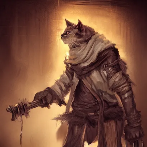 Image similar to dirty homeless humanoid cat wearing rags, wielding a broadsword, concept art, d & d, fantasy, trending on artstation