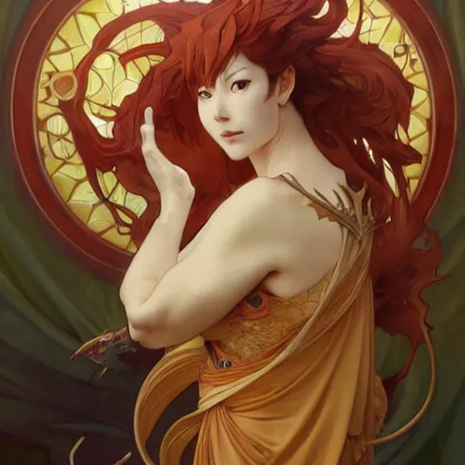 Image similar to anthropomorphic dragon king by eiichiro oda, makoto shinkai, alphonse mucha, art by artgerm and greg rutkowski, best of behance, concept art, matte, sharp focus, orange hair, elegant, adolphe bouguereau, annie leibovitz, stanley kubrick, hdr,