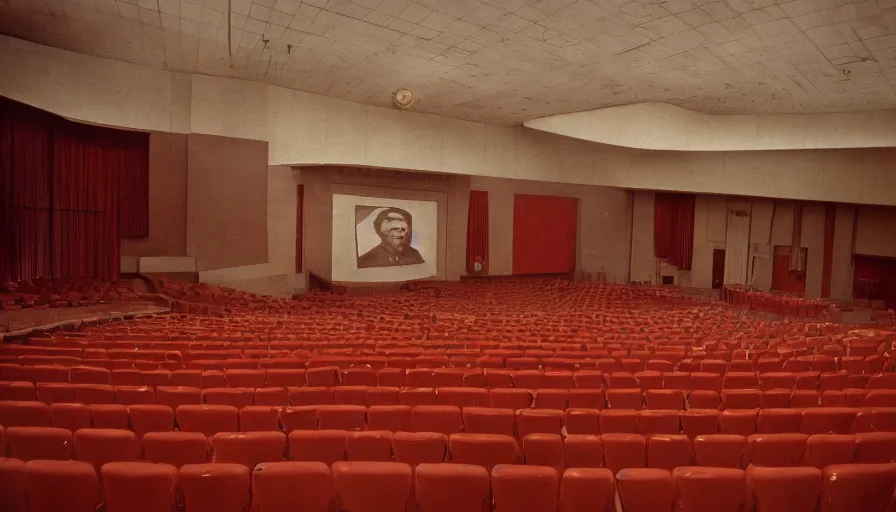 Image similar to 60s movie still of a sovietic stalinist style empty congress palace, with a Karl Marx portrait, cinestill 800t 50mm eastmancolor, liminal Space style, heavy grain-s 150