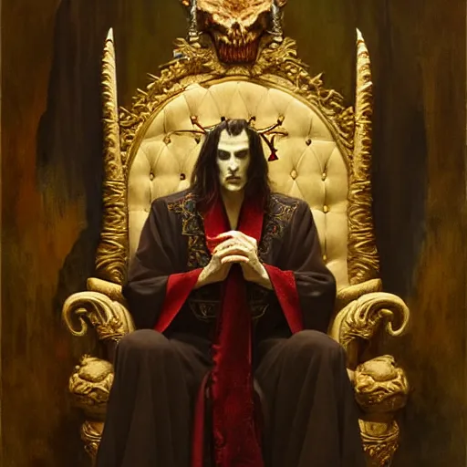 Image similar to perfectly centered portrait of attractive vampire king in a robe sitting on a throne of bones, highly detailed painting by gaston bussiere, craig mullins, j. c. leyendecker, 8 k