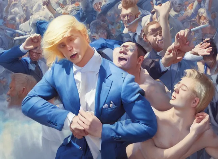 Image similar to a blond man in a blue suit wounded surrounded by a crowd, organic painting, sunny day, matte painting, bold shapes, hard edges, street art, trending on artstation, by huang guangjian, gil elvgren, ruan jia, randy vargas, greg rutkowski