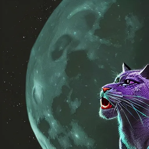 Prompt: closeup of a purple panther roaring at the moon in the forest. night. large moon in the center. cinematic. concept art.