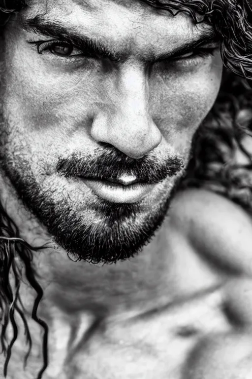 Image similar to close up, portrait of a muscular man, chiseled features, beautiful flowing brown curly hair, mythological, god of nature, defined muscles, artsy photography, film photo, 4 k, model posing, deep tan skin, trending on artstation, fashion photography, yellow eyes, overgrown background, dryad, verdant forest, face, very long luxurious hair