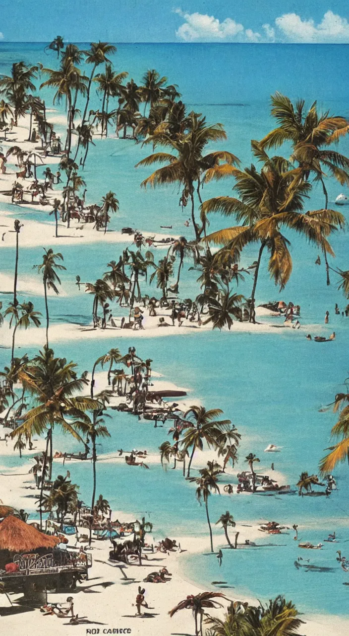 Image similar to a 1950s vacation pamphlet about a Caribbean beach,