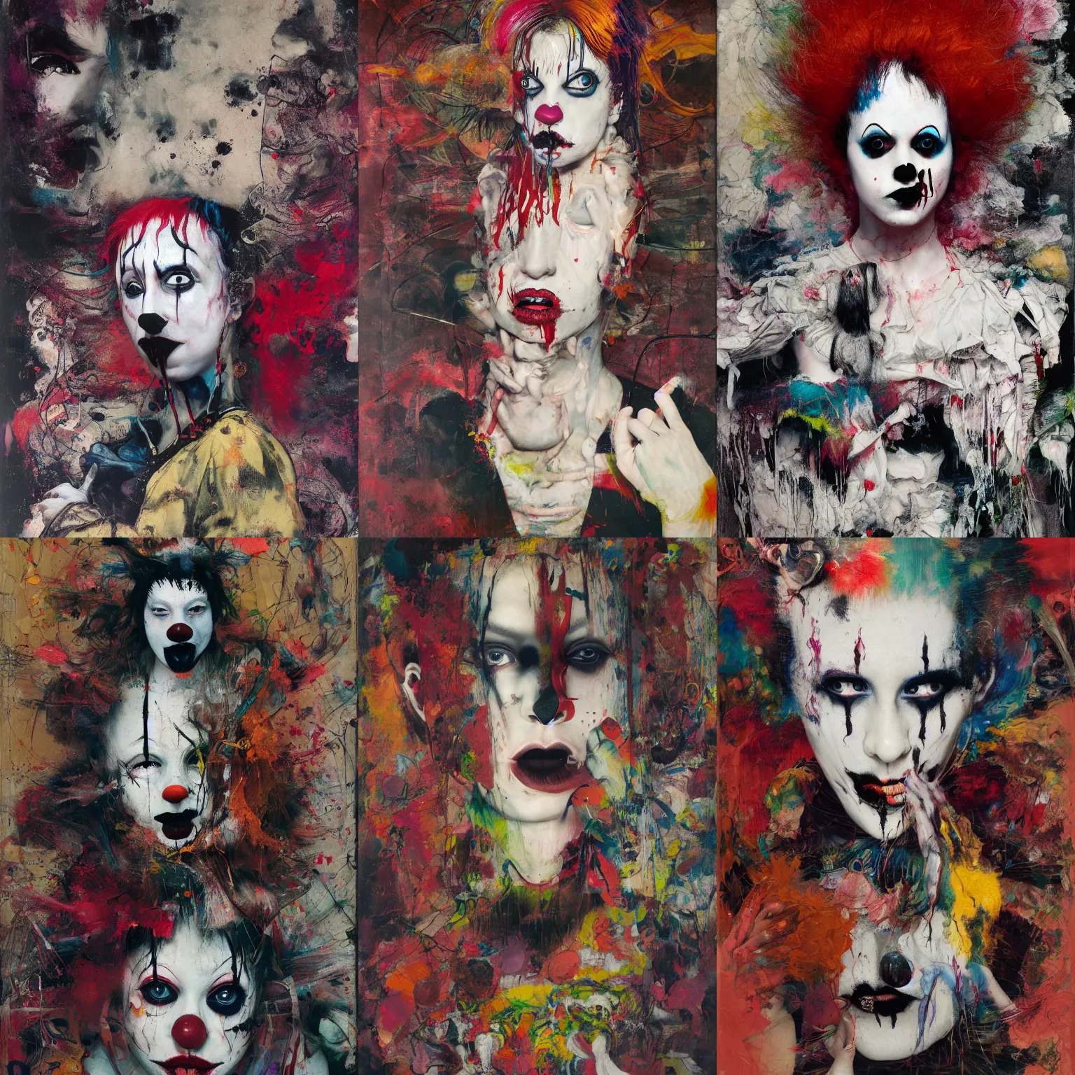 Image similar to clown girl, gothic, rich deep colours, painted by francis bacon, adrian ghenie, james jean and petra cortright, part by gerhard richter, part by takato yamamoto. 8 k masterpiece