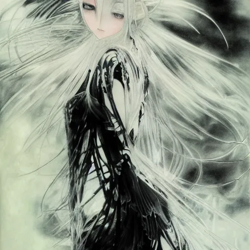 Image similar to Yoshitaka Amano realistic illustration of an anime girl with white hair and cracks on her face wearing dress suit with tie fluttering in the wind, abstract black and white patterns on the background, noisy film grain effect, highly detailed, Renaissance oil painting, weird portrait angle