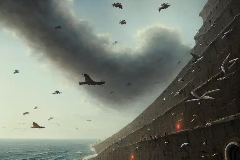 Image similar to people FLYING ON BIRDS, over the ocean, towards a GIGANTIC wall, protecting the city from black mist, cinematic, greg rutkowski, detailed, intricate