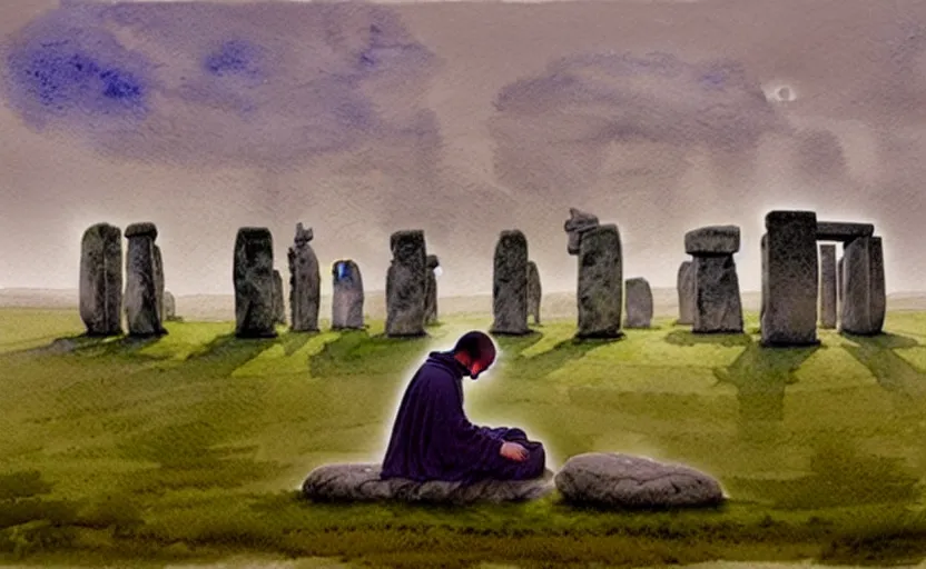 Prompt: a hyperrealist watercolour character concept art portrait of one small grey medieval monk kneeling down in prayer in front of a complete stonehenge monument on a misty night. a huge stone is floating above stonehenge. by rebecca guay, michael kaluta, charles vess and jean moebius giraud