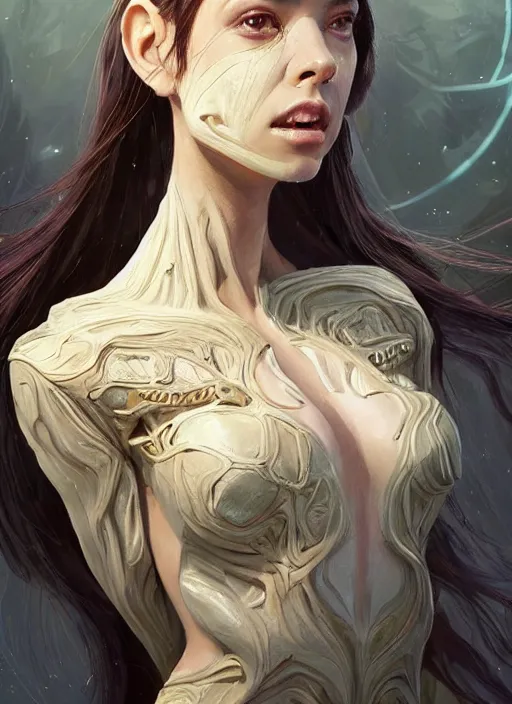 Image similar to a professional painting of a beautiful young female alien, clothed in ethereal armor, olive skin, long dark hair, beautiful bone structure, symmetrical facial features, intricate, elegant, digital painting, concept art, smooth, sharp focus, illustration, from Valerian and the City of a Thousand Planets, by Ruan Jia and Mandy Jurgens and Artgerm and William-Adolphe Bouguerea