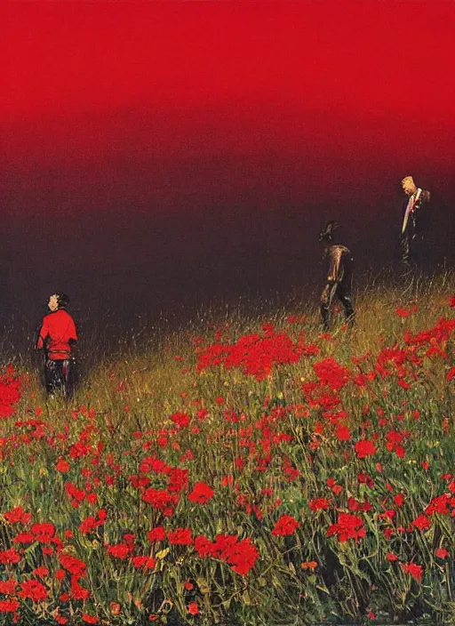 Image similar to two people in a field of red flowers and the world crushing around them, red sky, surreal, vivid colors, painting by Alexander Mandradjiev, part by Yoji Shinkawa, part by Norman Rockwell