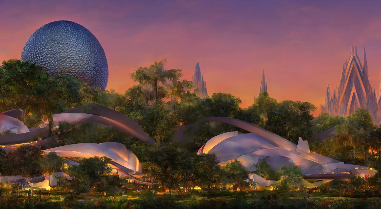 Image similar to a matte painting of spaceship earth taken at epcot at walt disney world, sunset, crowded by frank lloyd wright and zaha hadid torch volume light