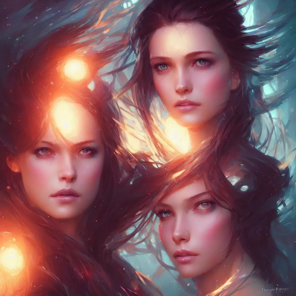 Prompt: beautiful girl portrait by greg rutkowski and charlie bowater, vivid, artgerm, aesthetic, fine details, colorful swirls, gaudy colors, luminescent, organic matte painting, realistic eyes, masterpiece, busy background, bokeh, depth of field