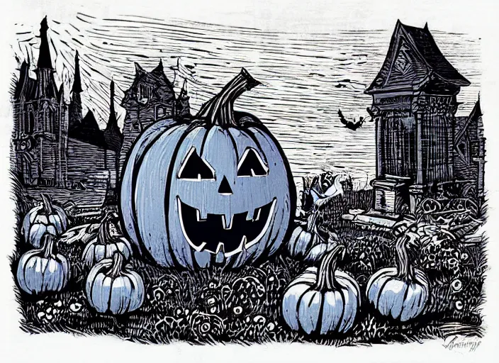 Prompt: blue woodcut print, cartoon halloween pumpkin in graveyard at midnight by greg rutkowski, fine details, highly detailed