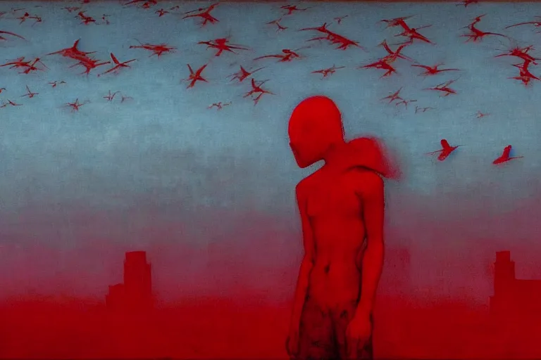 Image similar to only with red, a red dystopic knight, venice, flock of birds in the red sky, in the style of beksinski, parts by edward hopper, parts by rodcenko, parts by yue minjun, intricate and epic composition, red by caravaggio, insanely quality, highly detailed, masterpiece, red light, artstation, 4 k