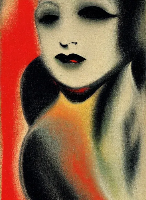 Prompt: 1920s german expressionism by Igor Scherbakov, moody, an extreme close-up abstract portrait of a lady enshrouded in an impressionist representation of the meaning of life, abstract, art by Jack Gaughan, figure painting by Anthony Cudahy, vintage postcard illustration, minimalist cover art by Mitchell Hooks