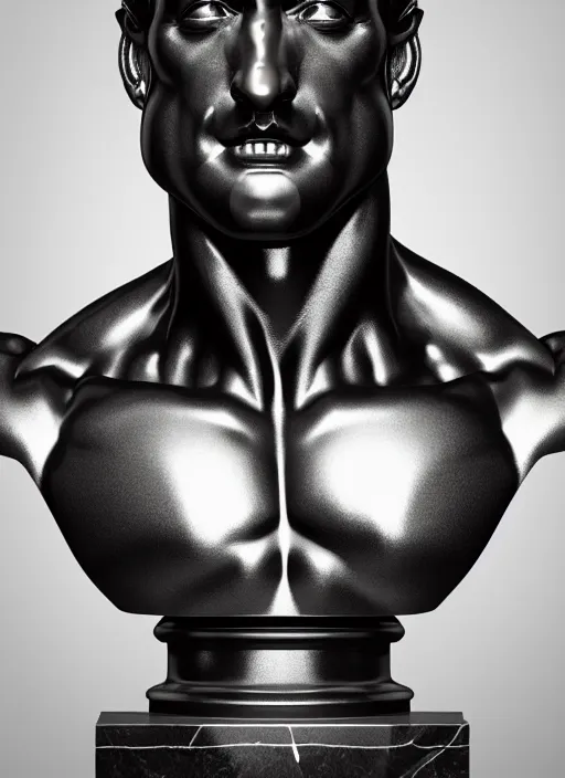 Image similar to stylized shiny metal and black ornate statue bust made of marble of hercules, perfect symmetrical body, perfect symmetrical face, hyper realistic, hyper detailed, by johannen voss, by michelangelo, octane render, blender, 8 k, displayed in pure white studio room