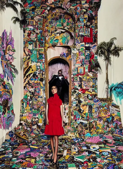 Image similar to a beautiful girl in a gucci x yeezy collab outfit is creating a new city, mini magic city, hidden doors, magical details, high detail, 8 k, perfect faces, photographed by maurizio cattelan and pierpaolo ferrari with the art direction of micol talso for toiletpaper creative magazine