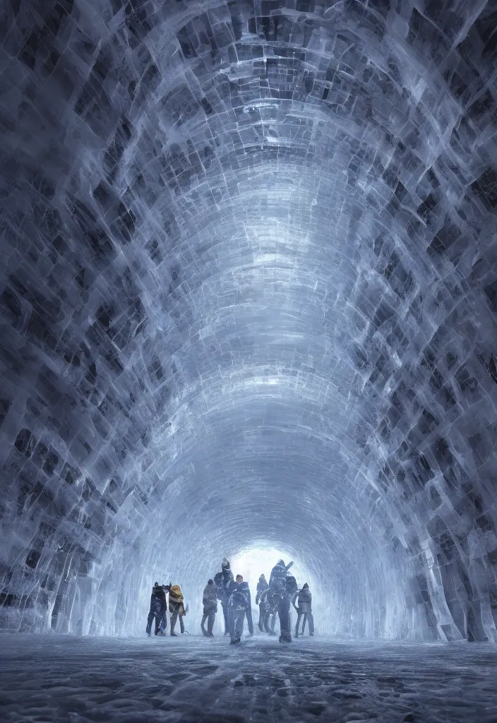 Prompt: Multiple connecting ice tunnels in antartica, multiple people moving around the tunnels, facinating and imposing, fantasy digital art, octane render, beautiful composition, trending on artstation, award-winning photograph, masterpiece