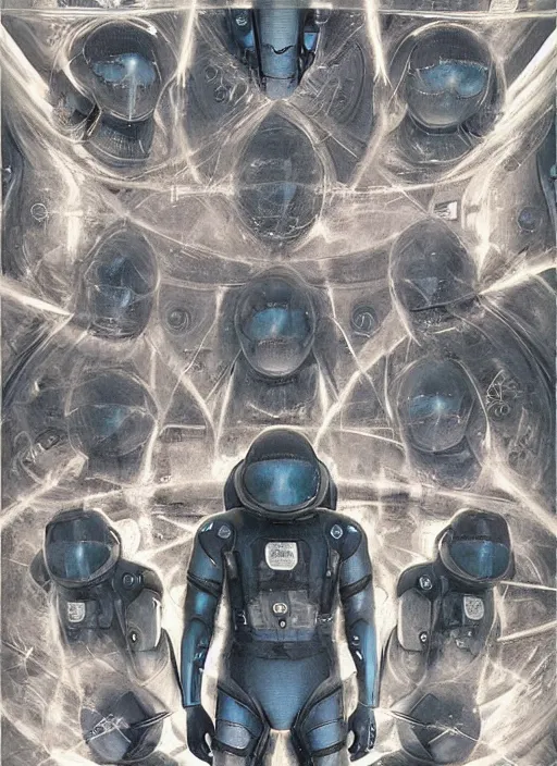 Image similar to symmetrical astronauts in dark and empty void underwater - complex and hyperdetailed technical suit. reflection and dispersion materials. rays and dispersion of light. volumetric light. 5 0 mm, f / 3 2. noise film photo. flash photography. ultra realistic, wide angle. poster by wayne barlowe, hajime sorayama aaron horkey, craig mullins