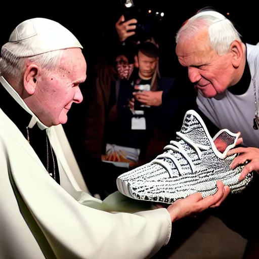 Prompt: john paul ii admiring a yeezy 3 5 0 sneaker in his hands