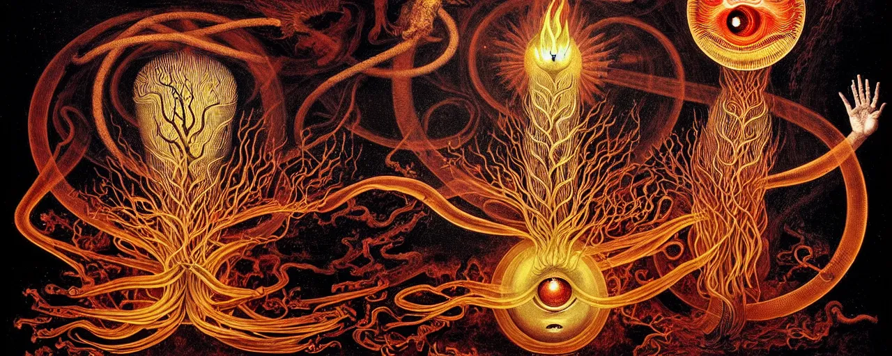 Image similar to a strange fire creature with endearing eyes radiates a unique canto'as above so below'while being ignited by the spirit of haeckel and robert fludd, breakthrough is iminent, glory be to the magic within, in honor of saturn, painted by ronny khalil