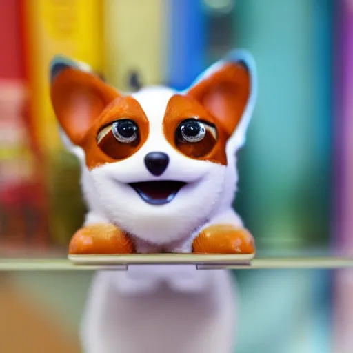 Image similar to a corgi furby toy on a store shelf, close - up photo, uncanny, nostalgic