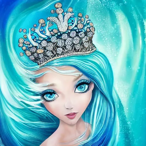 Image similar to an ultra perfect portrait of a fantastic mermaid with an ultra perfect and ultra detailed wild face with beautiful, ultra detailed wild blue eyes a fantastic crown of diamons and a diamond dust glitter and sparkles tail, swimming in a beautiful blue ocean