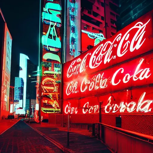 Image similar to a cyberpunk city with crazy illuminated coca - cola and apple signs