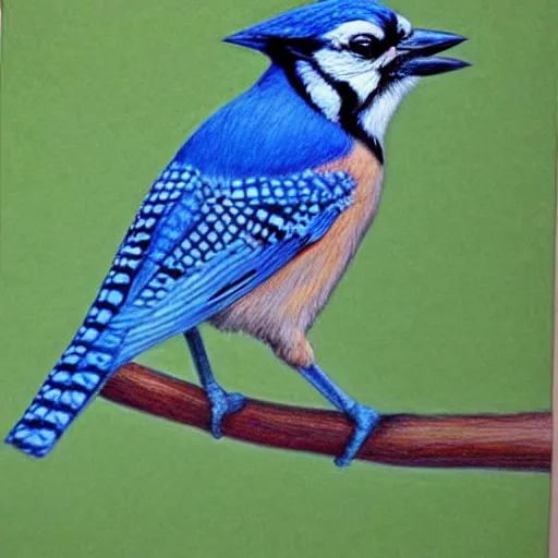 Prompt: Intricate five star Blue Jay owrched on a Branch portrait by Anna Kullberg, Colored pencil on paper, high detail, skin texture, photo realistic, hyperrealism,matte finish, high contrast, 3d depth, masterpiece, vivid and vibrant colors, Prismacolor Pencils,artstationhd