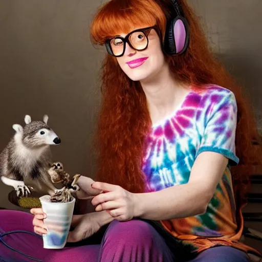 Image similar to a stunning hyper-detailed portrait photo of a beautiful smiling bespectacled woman with long auburn hair and bangs, wearing a tie-dye t-shirt, wearing steampunk headphones and posing with her raccoons and parrots in an overstuffed easy chair in her sunlit living room, holding a coffee cup and a donut and smoking an elaborate hookah, perfect eyes, octane render, unreal engine, 85 mm lens,