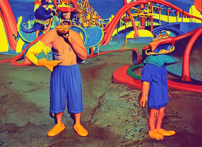 Prompt: dramatic color photo of dadcore occult wizards on vacation at marineland canada by basil wolverton by robert crumb by william eggleston by annie leibovitz, detailed and creepy, fujifilm velvia 5 0, color photography, sigma 2 8 mm