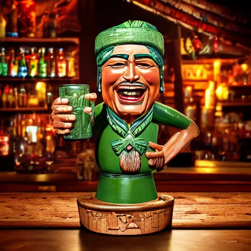 Prompt: a photorealistic photograph of a Trader Vic's tiki mug featuring joyful Johnny Depp at a Tiki bar - Trending on Artstation, featured on Behance, well-rendered, Unreal Engine, 4K HD