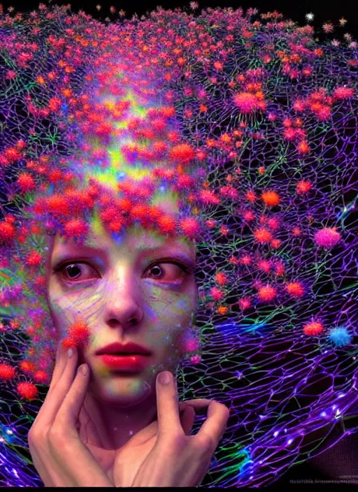 Image similar to hyper detailed 3d render like a Oil painting - Aurora (evocative cyberpunk and oil rainbow faced Singer) seen Eating of the Strangling network of sappy milky Fruit and Her delicate Hands hold of gossamer polyp blossoms bring iridescent fungal flowers whose spores black out the foolish stars by Jacek Yerka, Mariusz Lewandowski, Houdini algorithmic generative render, Abstract brush strokes, Masterpiece, Edward Hopper and James Gilleard, Zdzislaw Beksinski, Mark Ryden, Wolfgang Lettl, hints of Yayoi Kasuma, octane render, 8k