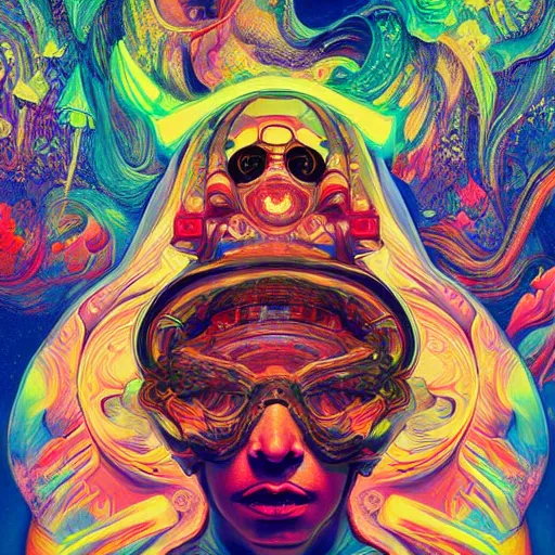 Image similar to An extremely psychedelic experience, colorful, surreal, dramatic lighting, cosmonaut, LSD, face, detailed, intricate, elegant, highly detailed, digital painting, artstation, concept art, smooth, sharp focus, illustration, art by Sam Spratt, Dan Mumford, Artem Demura and Alphonse Mucha