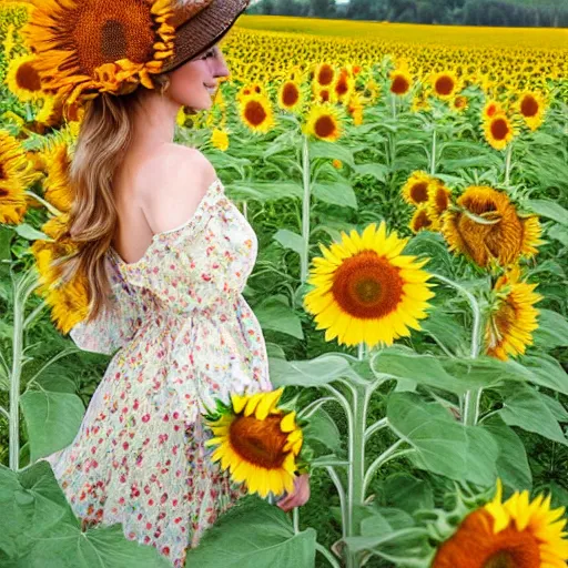 Image similar to a beautiful farm girl in a field of sunflowers, beautiful day, by hans zatzka