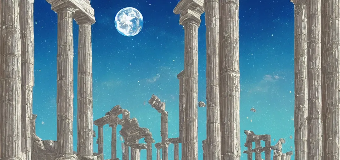 Prompt: The ruins of the Silver Millennium on the moon from Sailor Moon, digital painting, planet Earth in the distance, Greek-esque columns and ruins