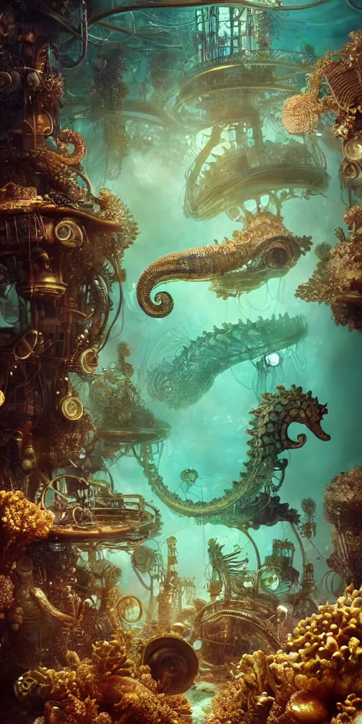 Image similar to mythical dreamy organic translucent bio-mechanical overpopulated underwater sci-fi steampunk city with seahorses, highly detailed, intricate crystal jelly steampunk ornate, poetic, 3D render, digital art, octane render, 8K artistic photography, photo-realistic, by Dora Maar