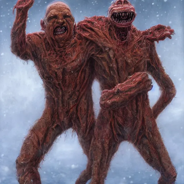 Prompt: smooth john carpenter two - headed flesh monster, mccready the thing 1 9 8 2 creature john carpenter by stanley artgerm lau, antarctica, research station, snow, wlop, the thing alien assimilation, metamorphose, rossdraws, frank frazetta, andrei riabovitchev, marc simonetti