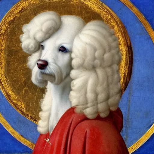 Image similar to portrait of a white poodle as an italian queen, painting by giotto di bondone, 1 3 0 0