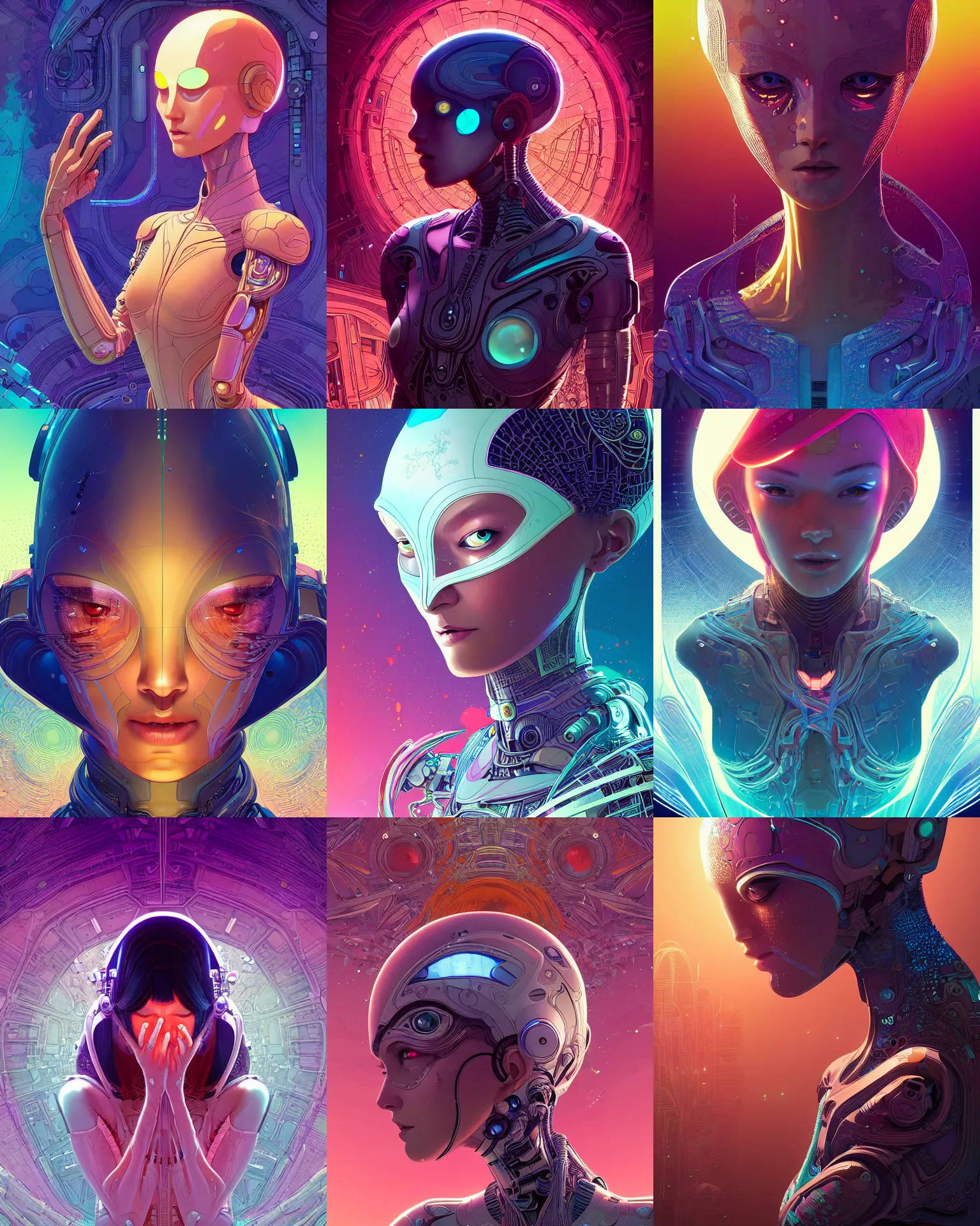 Prompt: ultra detailed, beautiful female android in tears, crying. scifi, fantasy, asymmetrical, intricate detailed environment, global illumination, vector art, concept art, digital illustration. by moebius abnd james jean and artgerm and wlop and liam brazier and victo ngai and tristan eaton.