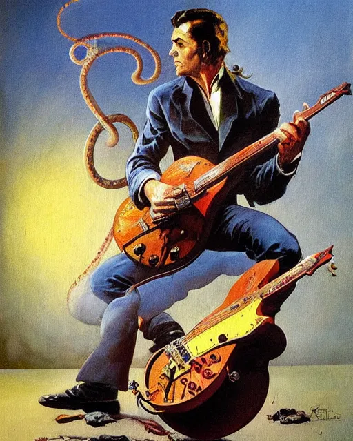 Prompt: Snake Oil salesman shredding on a Gibson SG, badass painting by Frank Frazetta