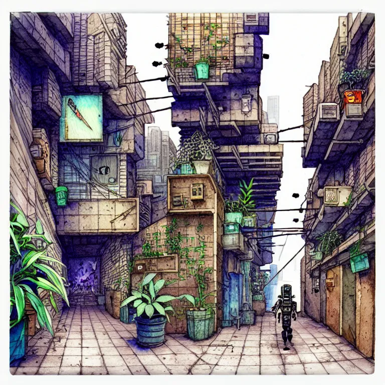 Prompt: an absurdly-detailed cyberpunk alleyway watercolor-calligraphy-pen drawing as a fancy square tile. Cats and Robots and Potted-Plants.