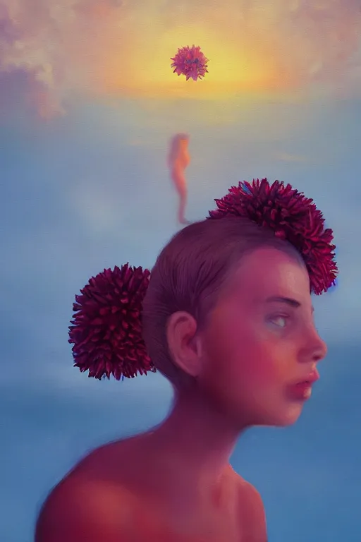 Image similar to closeup girl with huge dahlia flower head, on beach, surreal photography, blue sky, sunrise, dramatic light, impressionist painting, digital painting, artstation, simon stalenhag