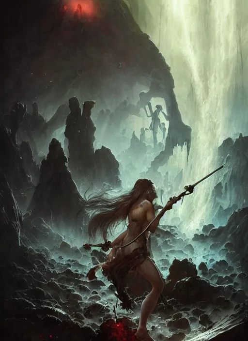 Image similar to shackled in styx river of the underworld, frank frank frazetta and cgsociety, stunning sasquatch, blood splatters, charlie bowater and tom bagshaw, insanely detailed, deviantart, space art, atoms surrounded by skulls, death, and spirits flying, water fall, horror, sci - fi, surrealist painting, by peter mohrbacher